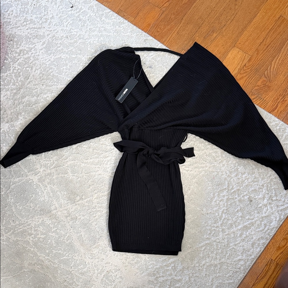 Black Ribbed Off Shoulder Sweater Dress